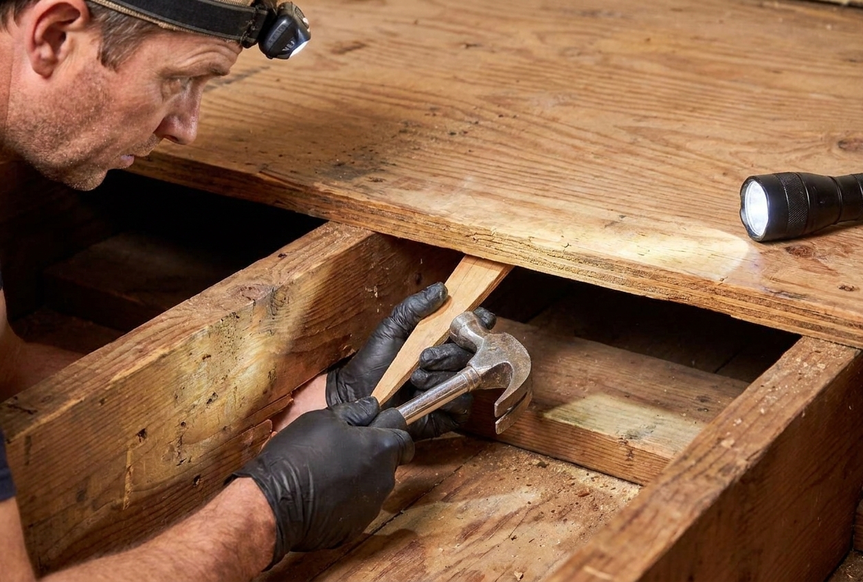 Close-up of a wooden shim being tapped between a floor joist and the underside of a plywood subfloor