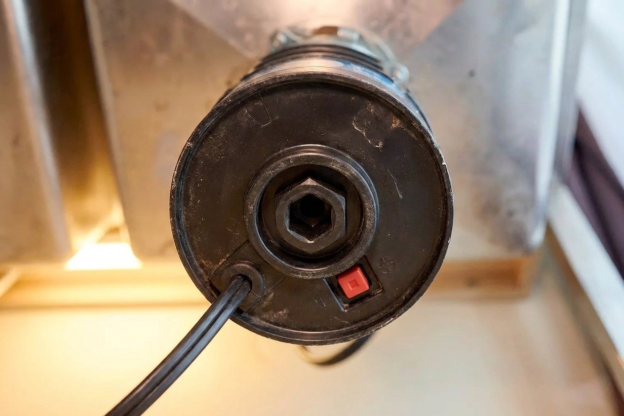 Close-up of the underside of a garbage disposal showing the small reset button and the center hex opening