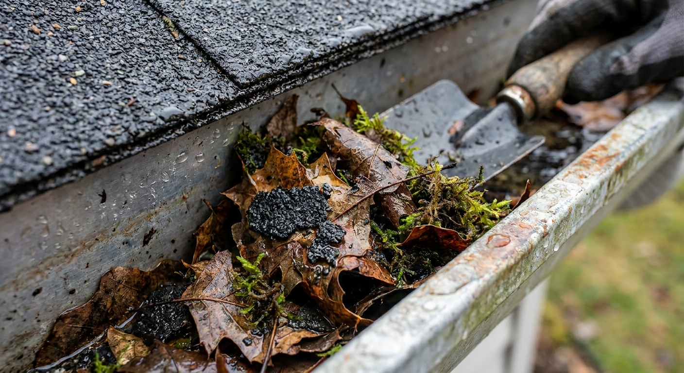 Close-up of wet leaves and asphalt shingle granules packed inside an aluminum gutter during spring cleanup