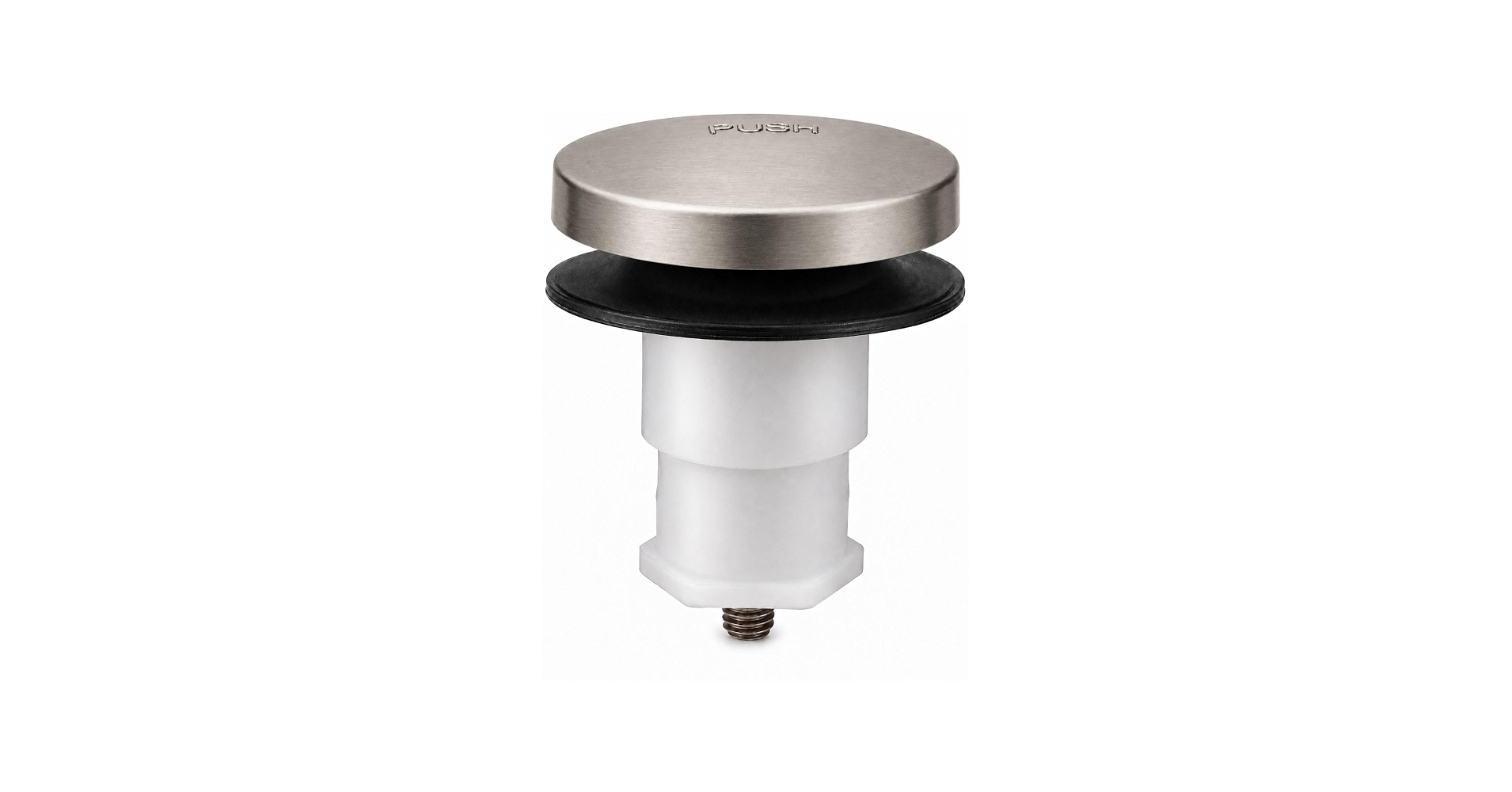 Close-up photo of a bathtub drain with a metal stopper installed, showing the rim of the drain and the stopper sitting slightly off-center