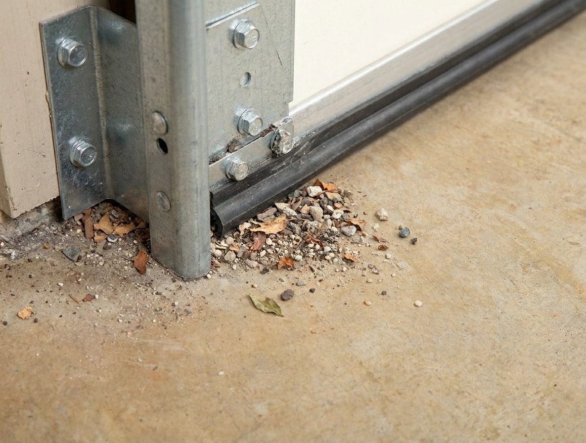 Close-up photo of a garage door bottom weather seal meeting the concrete floor with a small buildup near the threshold