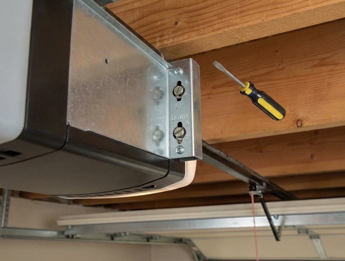 Close-up photo of a garage door opener motor housing with the limit adjustment screws and a small flathead screwdriver nearby