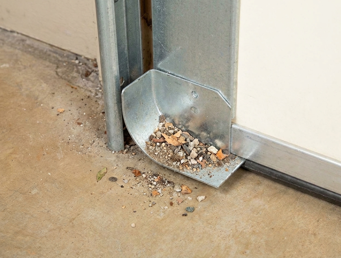 Close-up photo of a garage door vertical track near the floor with small debris visible inside the track