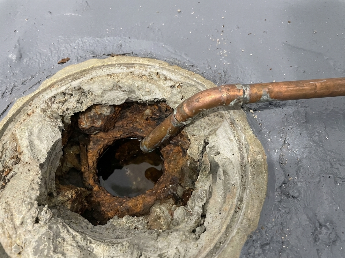 Close-up photograph of a small copper or plastic trap primer line entering the side of a basement floor drain body near the grate opening
