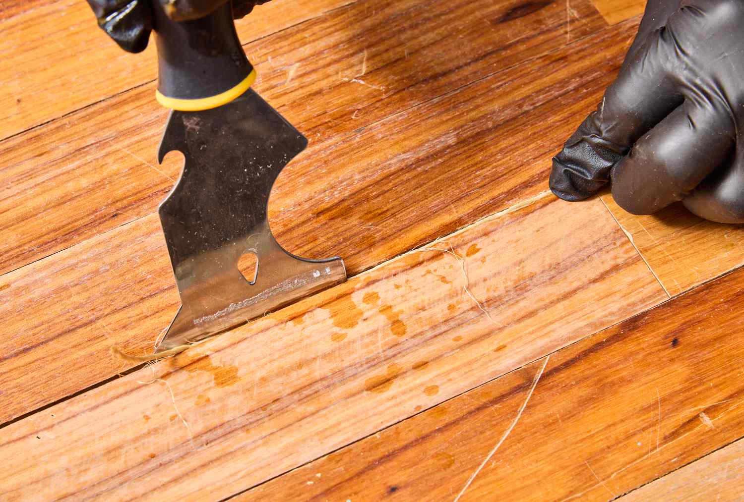 Close-up view of a hardwood floorboard seam where two boards meet, showing a small seasonal gap that can allow movement and cause squeaks