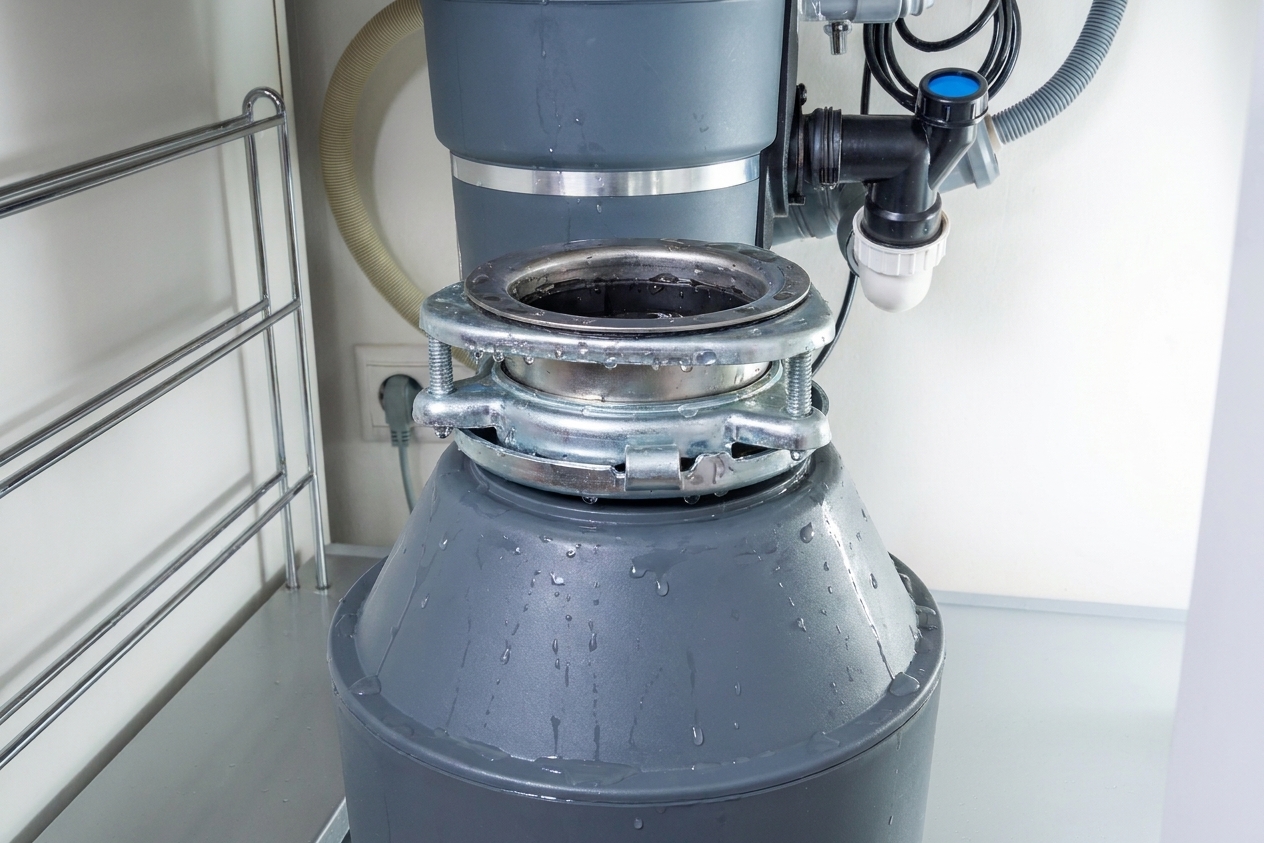 Closeup photo from under the sink showing the garbage disposal mounting ring and sink flange area with moisture collecting at the top