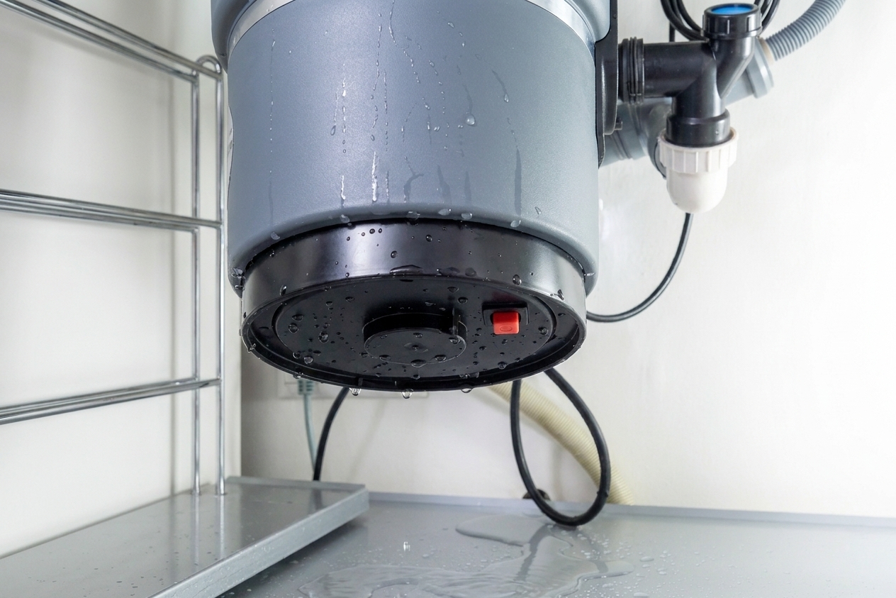 Closeup under-sink photo of a garbage disposal showing the reset button area with visible water droplets forming on the disposal casing