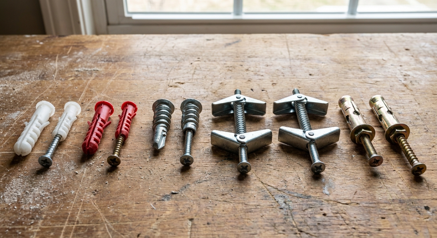 Common wall anchors arranged side by side, including plastic expansion anchors, self-drilling metal drywall anchors, toggle bolts, molly bolts, and matching screws