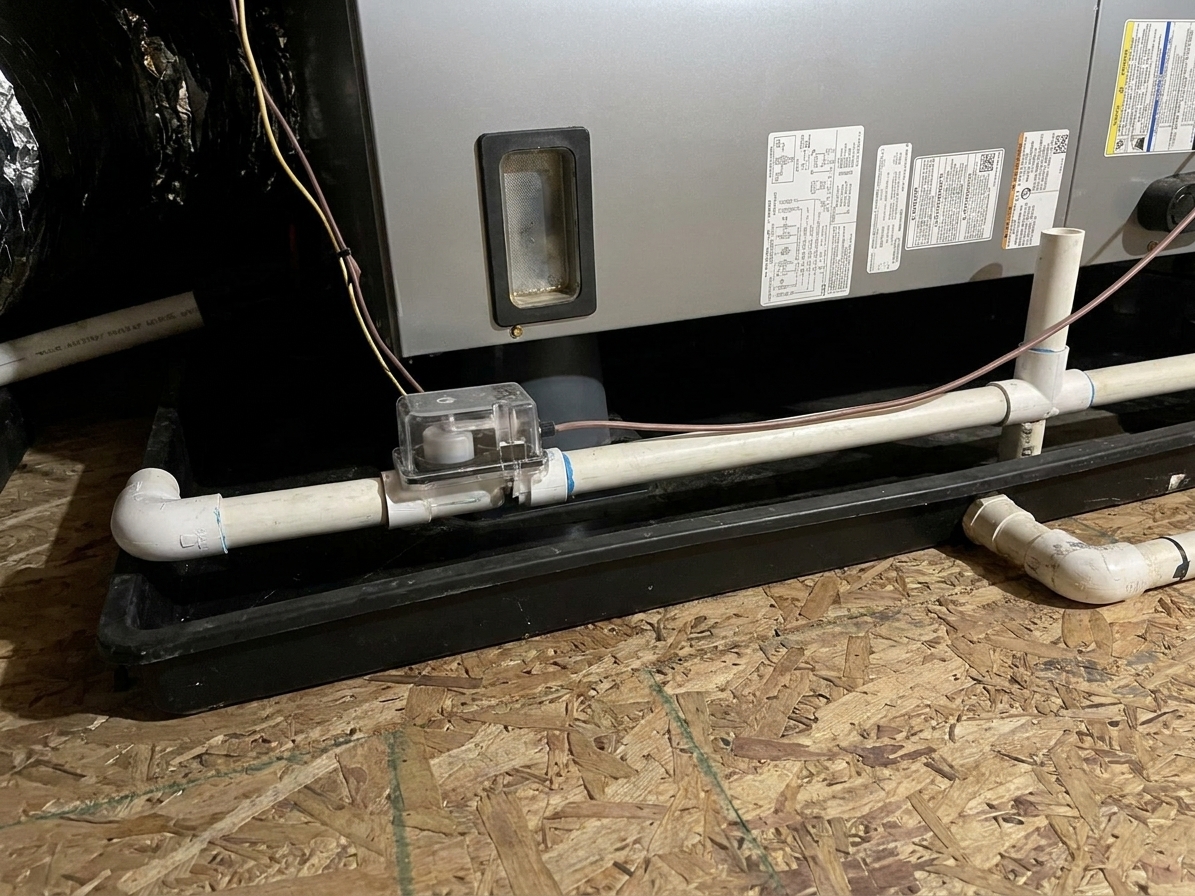 Condensate float switch mounted on a PVC drain line next to an indoor air handler