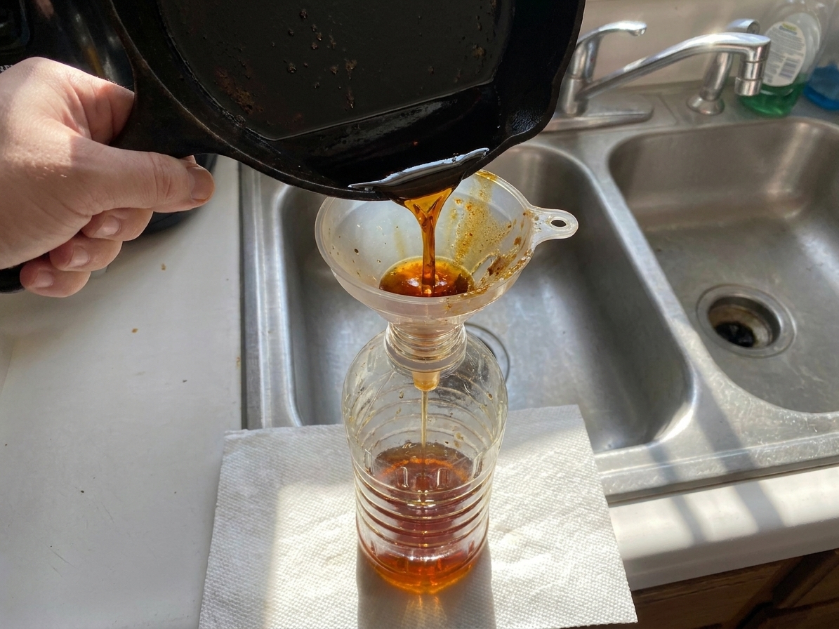 Cooled used cooking oil is poured through a funnel into a sturdy plastic bottle for disposal