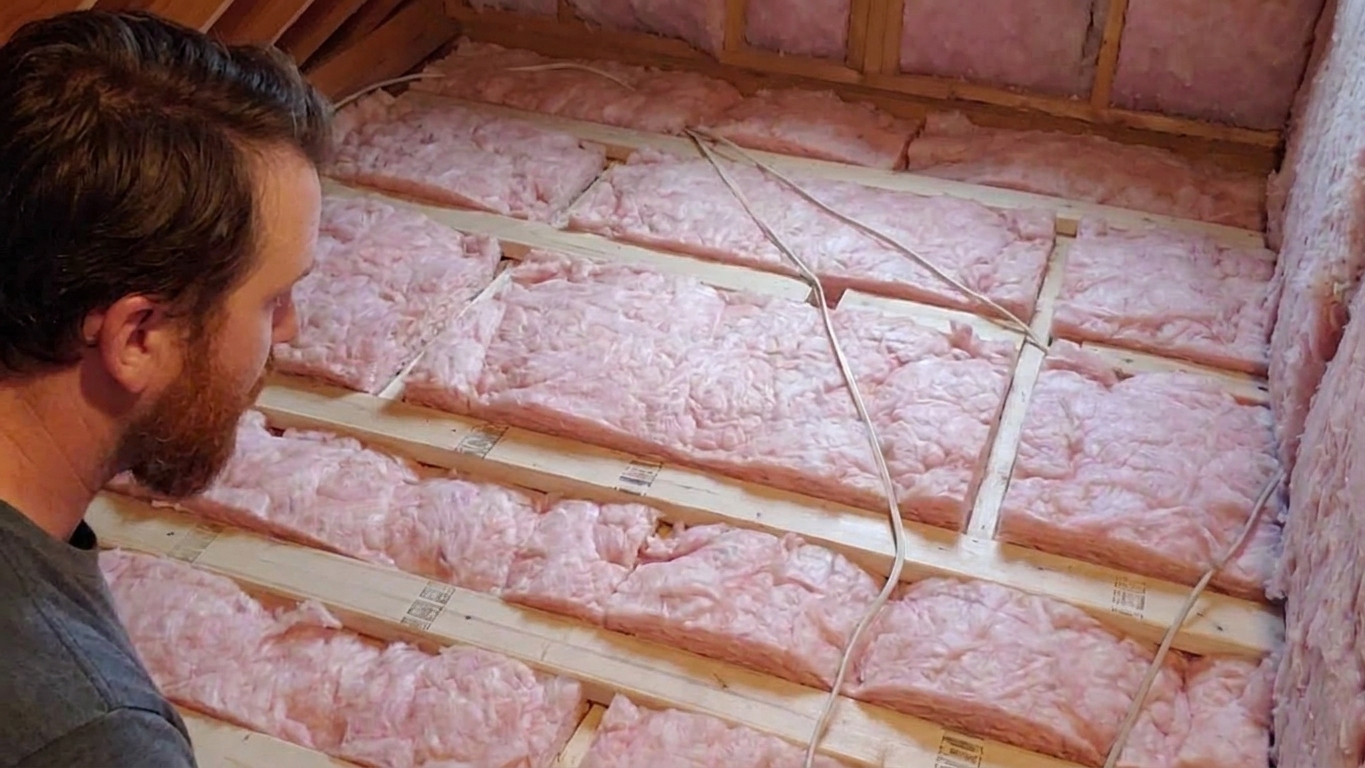 Fiberglass batt insulation installed between attic floor joists with several batts cut around electrical wires and small gaps visible along the wood edges