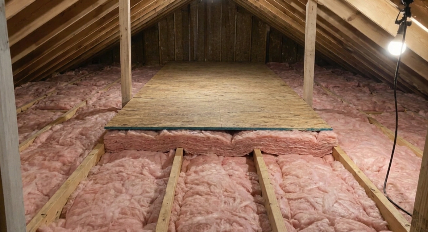Fiberglass batt insulation visibly compressed under a board resting on attic joists