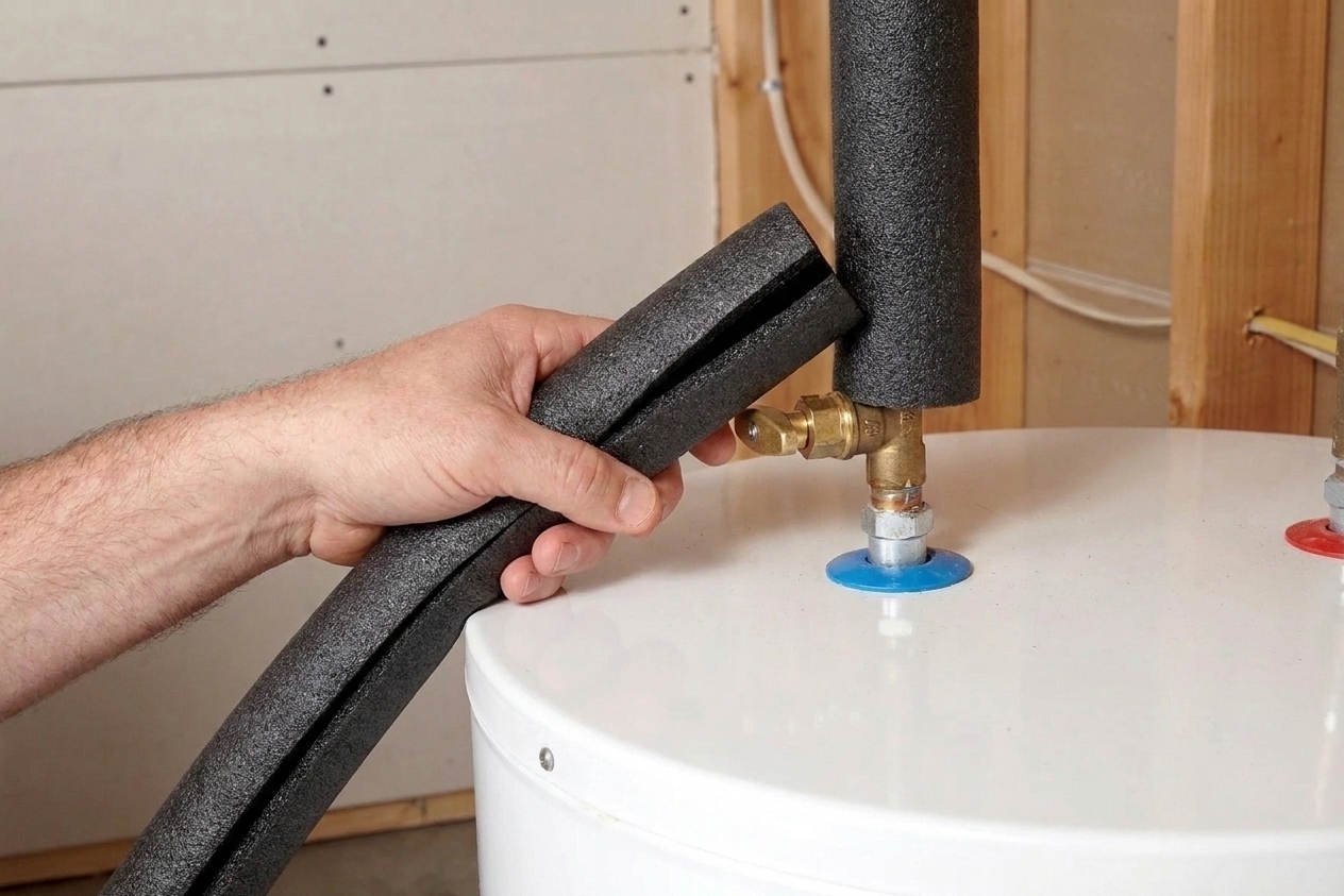 Foam insulation installed on a cold water pipe above a water heater to reduce sweating and condensation