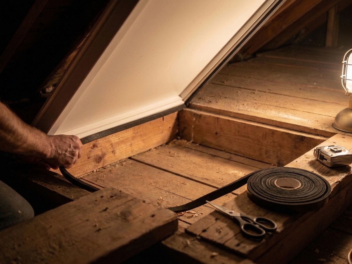 Foam weatherstripping applied neatly along the wooden lip inside an attic hatch opening