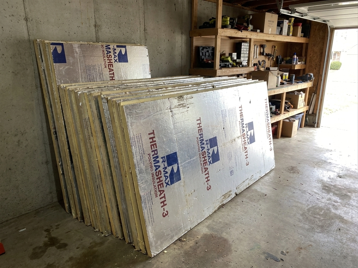 Foil-faced polyiso rigid foam insulation boards stacked in a garage