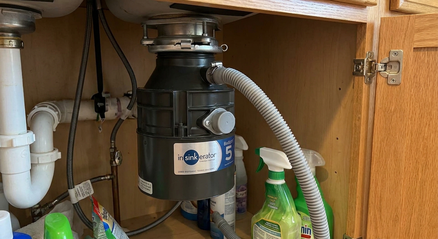 Garbage disposal under a sink showing the small dishwasher drain inlet where the dishwasher hose attaches