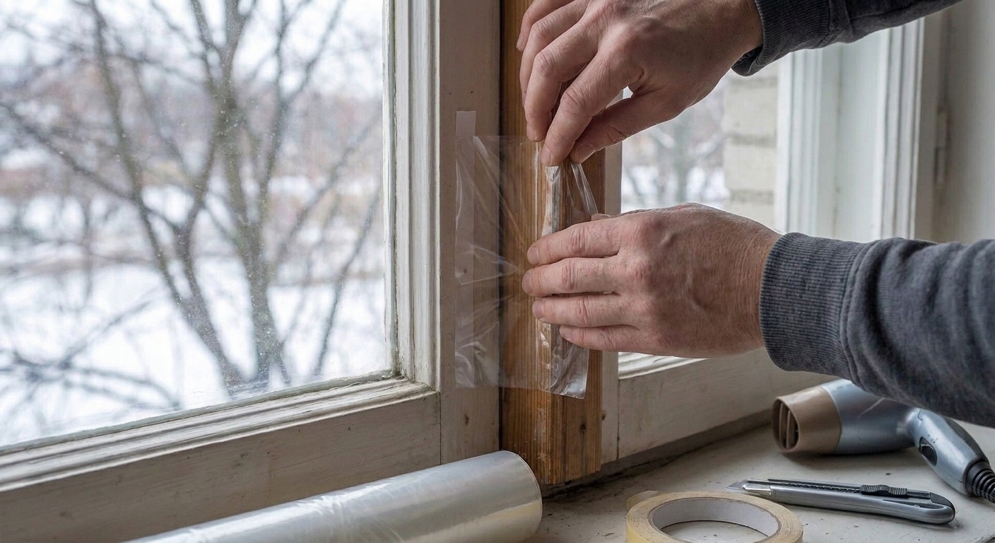 Hands applying clear window insulation film to an interior window frame with double-sided tape