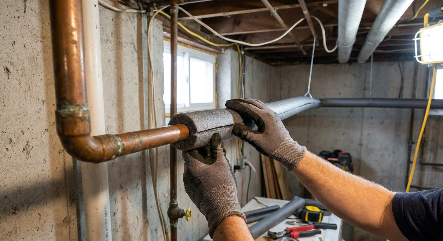 Hands fitting a gray foam pipe insulation sleeve around a copper water line in a basement, with the seam being pressed closed