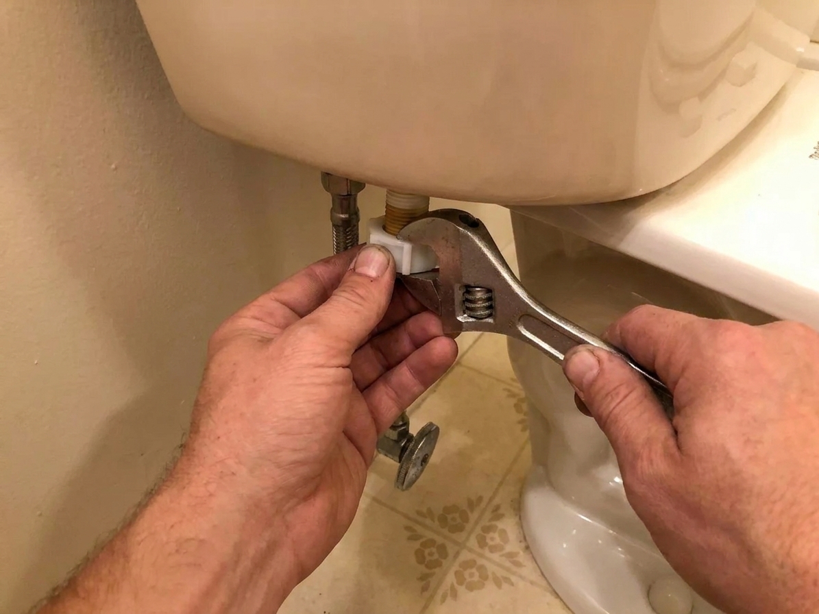 Hands tightening the plastic lock nut under a toilet tank while installing a new fill valve