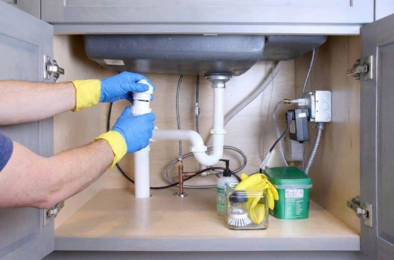 Hands turning an air admittance valve counterclockwise to remove it from a threaded adapter under a sink