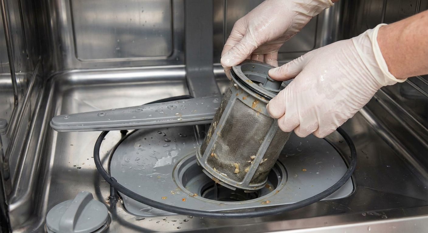 Hands twisting and lifting a cylindrical dishwasher filter out of the bottom of a dishwasher tub