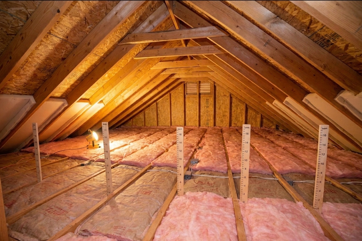 Insulation depth markers standing upright in an attic floor before blowing loose-fill insulation, with soffit baffles visible at the eaves
