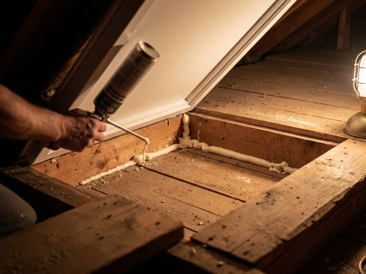 Low-expansion spray foam being applied to small gaps between an attic hatch frame and surrounding framing from the attic side