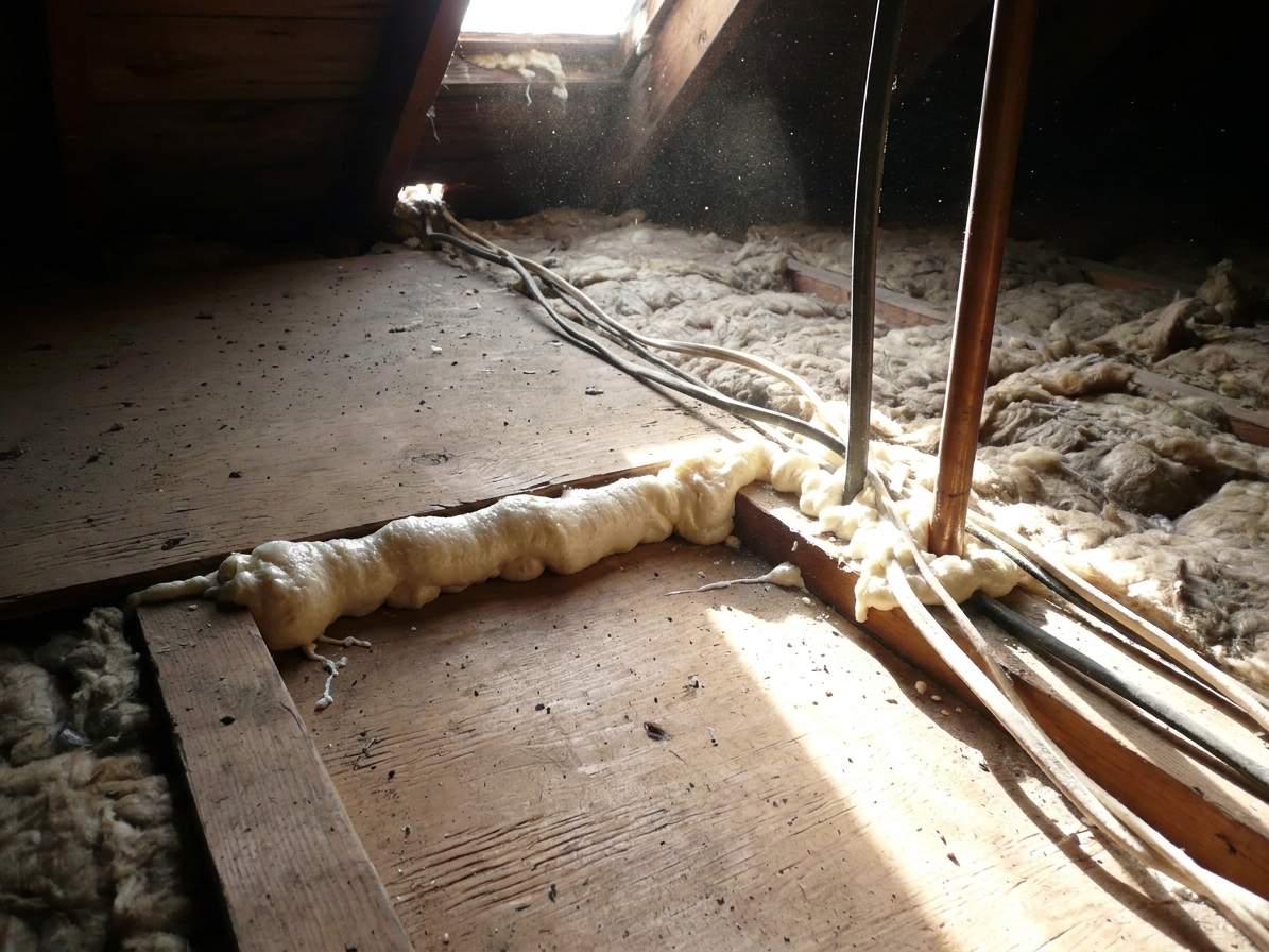 One-part spray foam sealing small gaps around electrical wires and a ceiling penetration on an attic floor