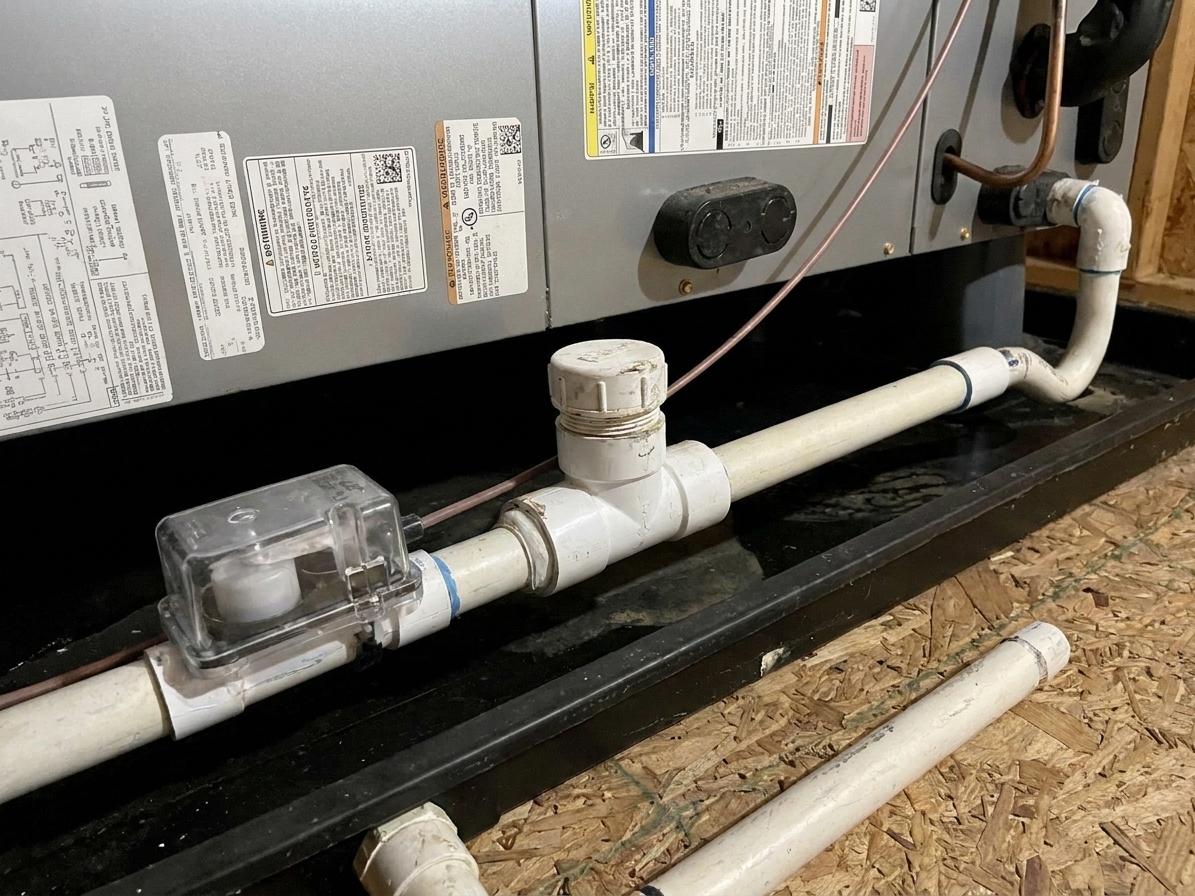 PVC condensate drain line with a vertical cleanout tee and removable cap next to a furnace