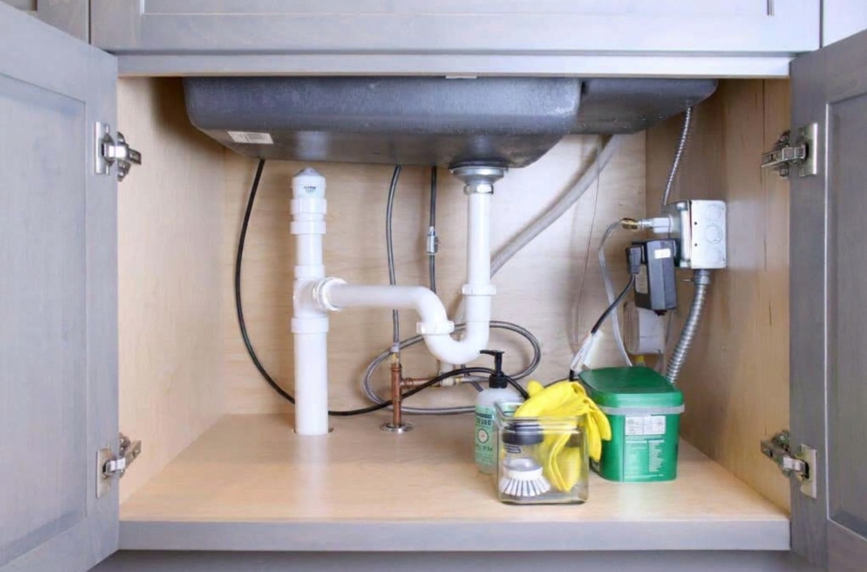Photo of a Studor-style air admittance valve installed on top of a short vertical pipe riser under a bathroom vanity