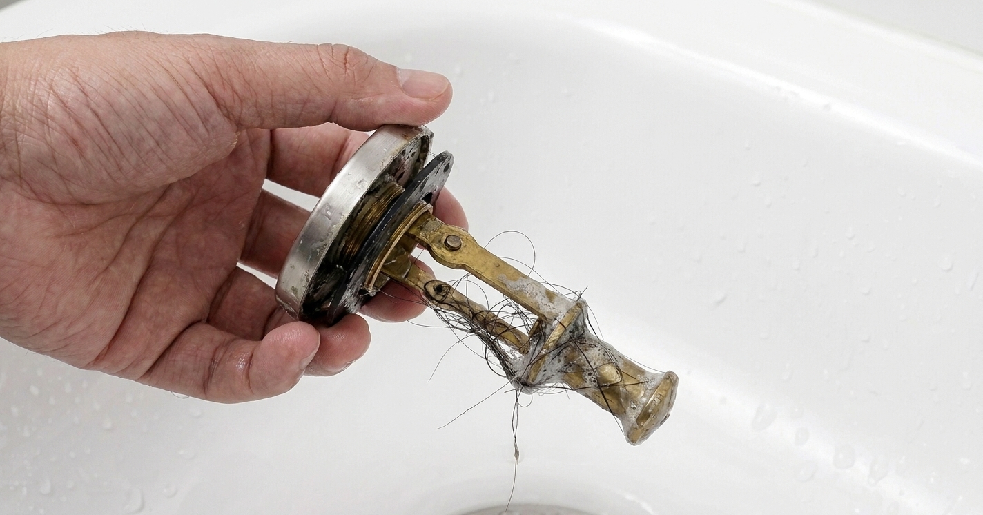 Photo of a bathtub overflow plate removed with the trip-lever linkage and plunger assembly pulled out and held over the tub, showing hair and soap buildup on the metal