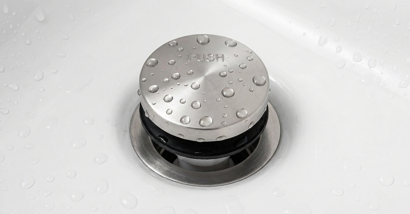 Photo of a chrome toe-touch bathtub stopper installed in a tub drain, viewed from above with water droplets on the metal