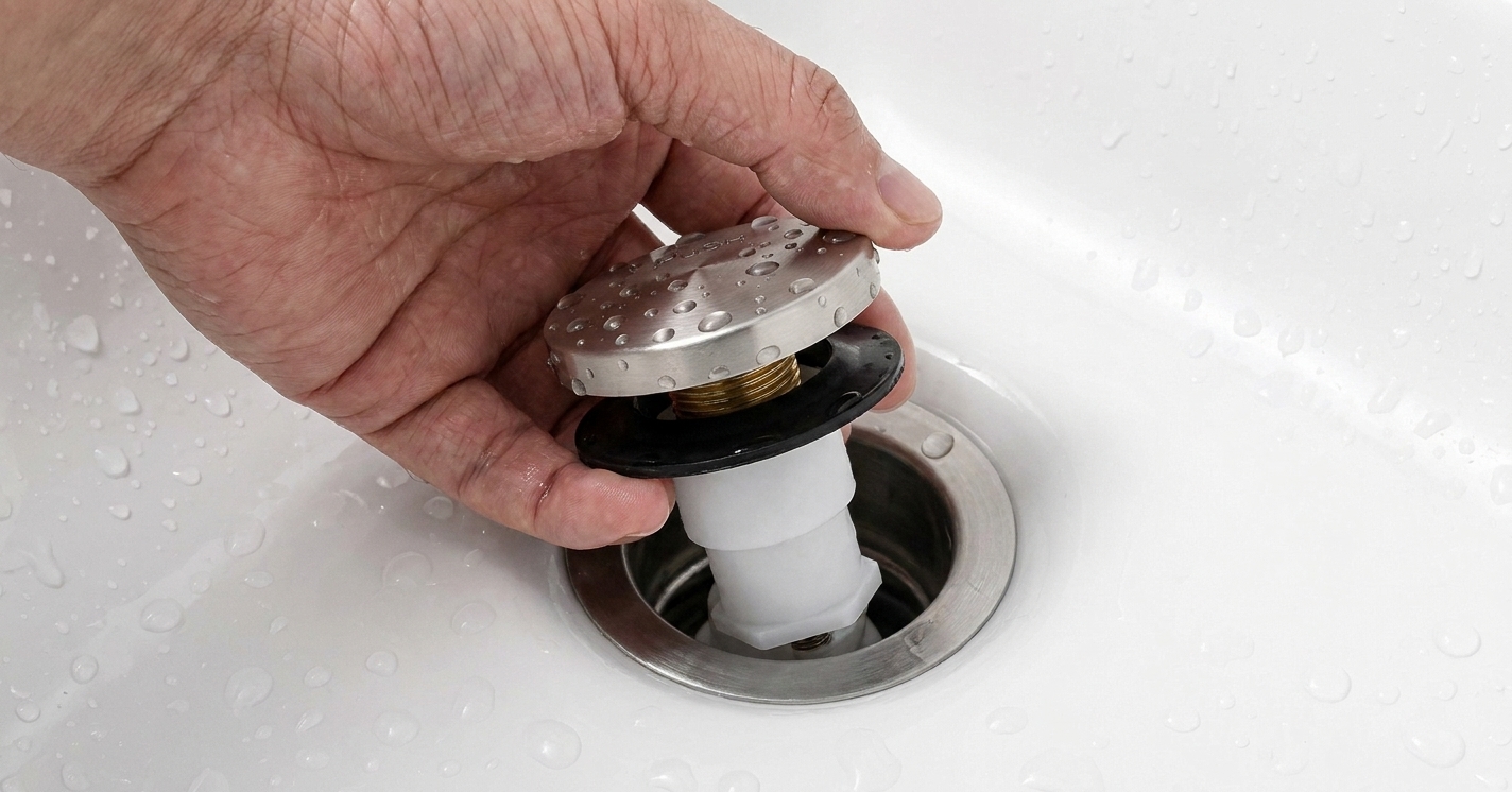 Photo of a lift-and-turn bathtub stopper being removed from a drain with a hand holding the knob, showing the stopper partially unscrewed