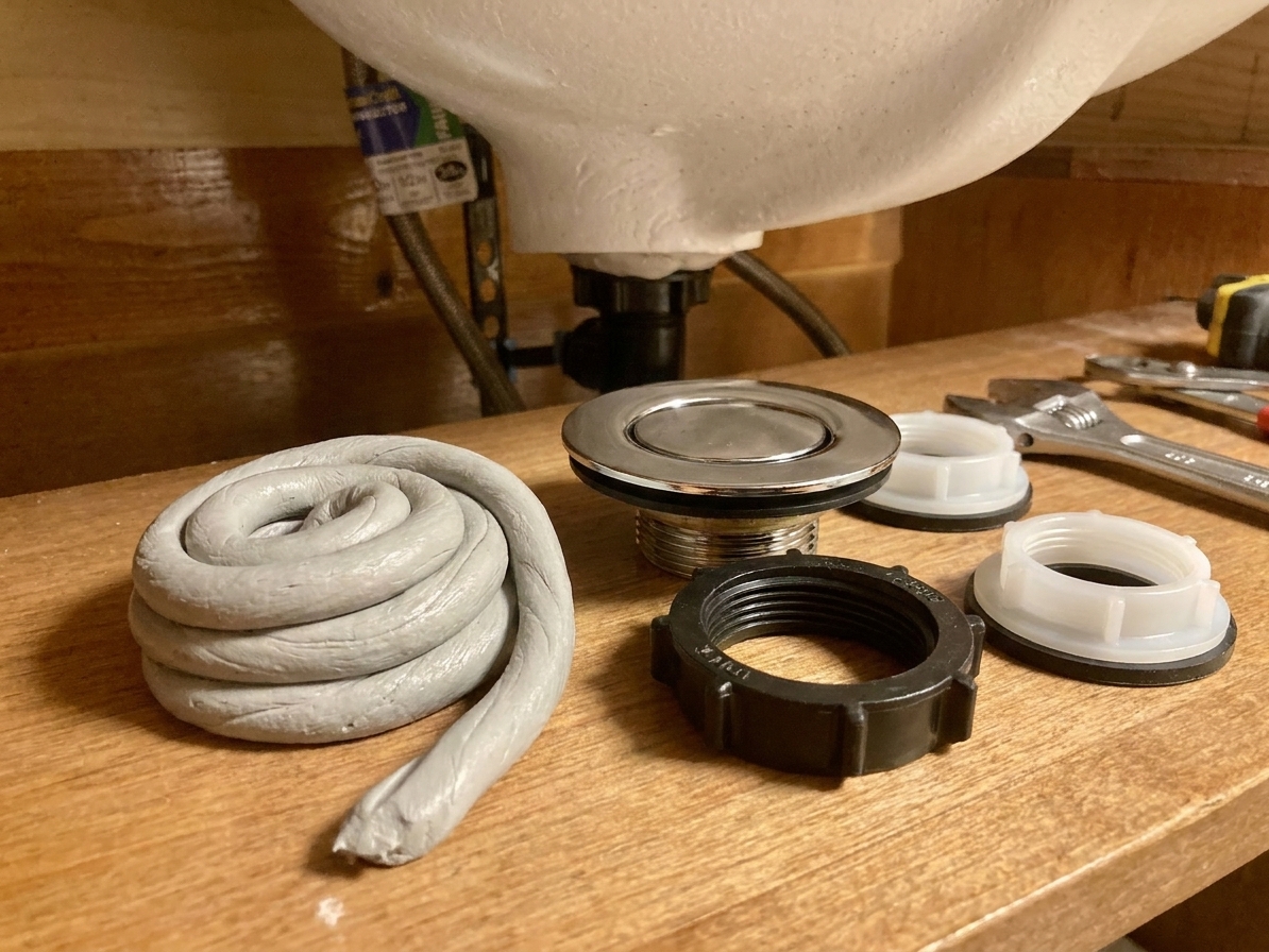 Plumber's putty rolled into a rope next to a new bathroom sink drain flange, locknut, and slip nuts on a work surface