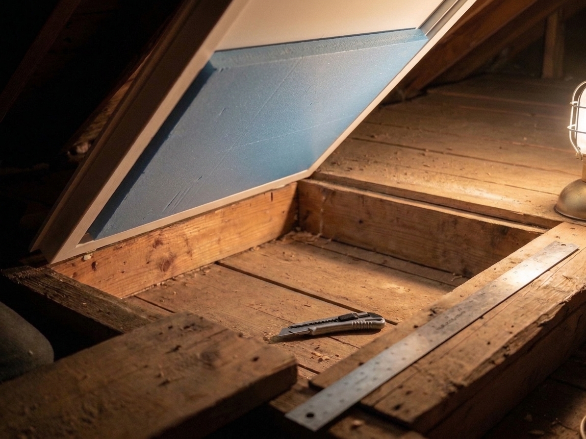 Rigid foam board cut to size resting on the back side of an attic hatch panel with a utility knife and straightedge nearby