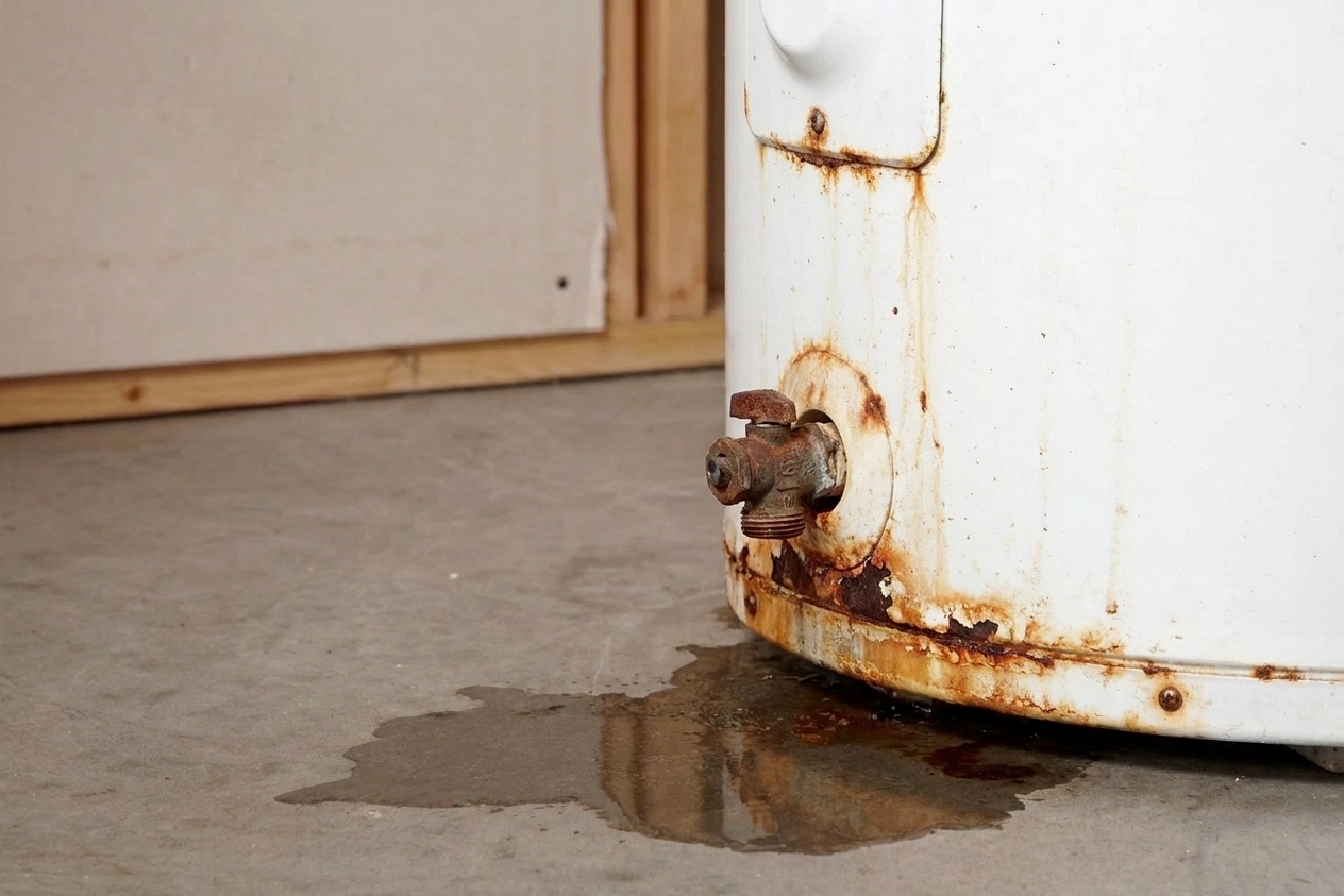 The bottom edge of an older water heater with rust and corrosion around the base and damp concrete below