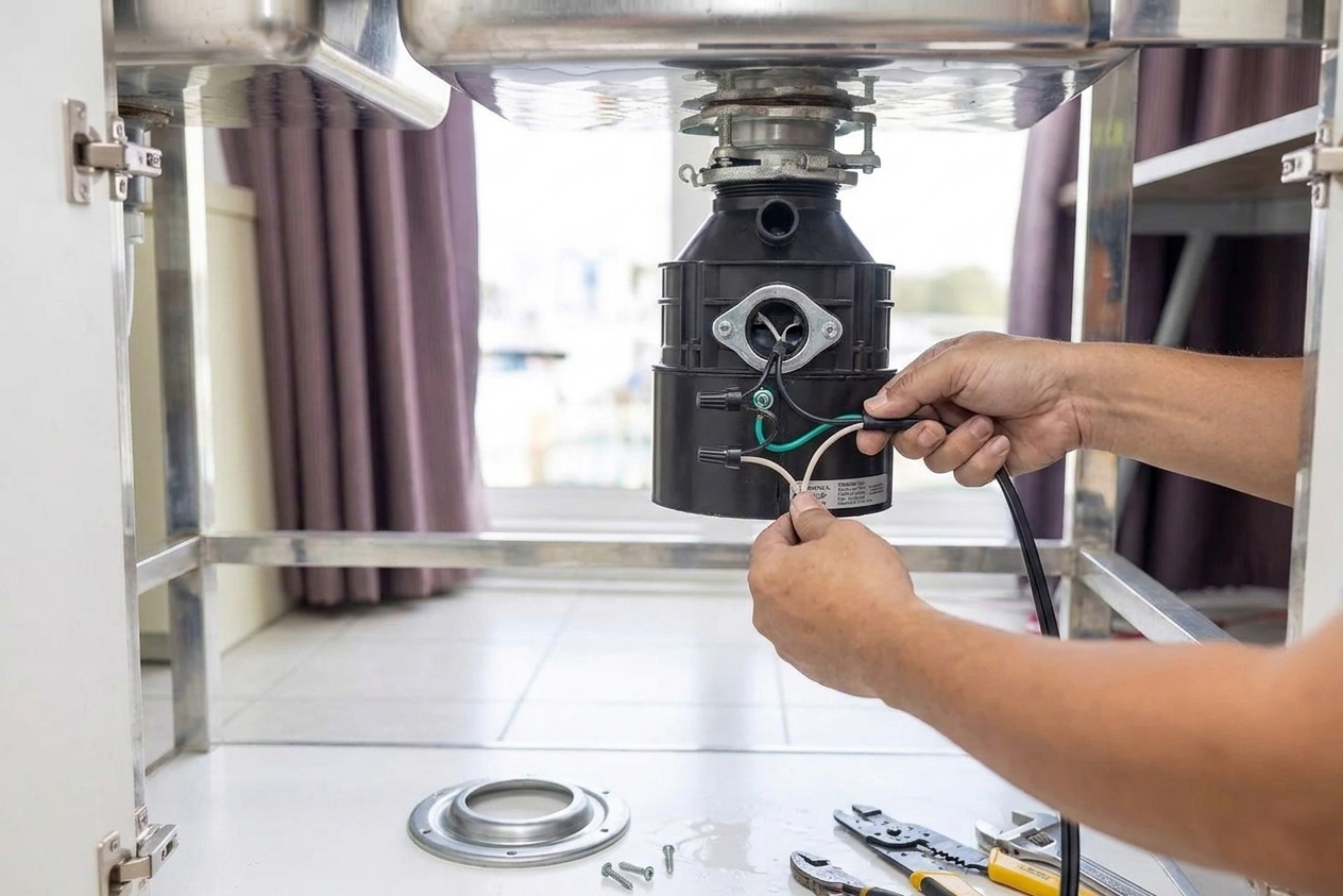 The bottom of a new garbage disposal with the wiring cover removed while a power cord is being connected to hot, neutral, and ground wires