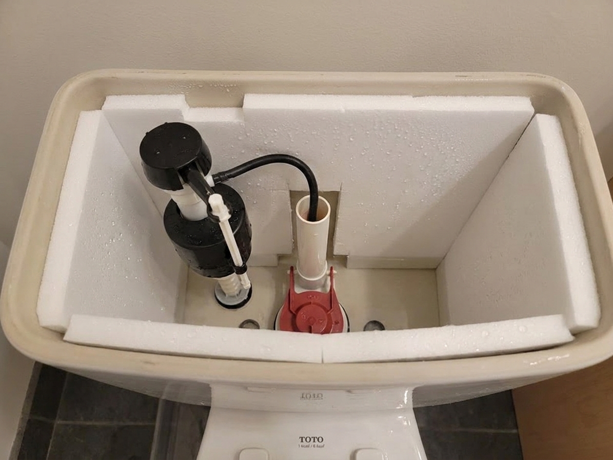 The inside of a toilet tank with foam insulation panels adhered to the porcelain walls, trimmed around the fill valve and flush valve