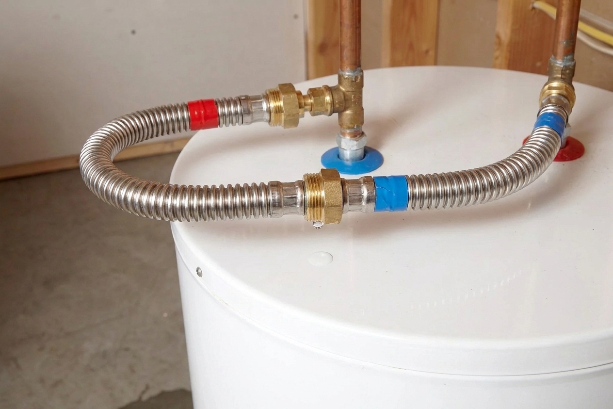 The top of a water heater showing hot and cold flex connectors and pipe fittings with a small droplet forming at a joint
