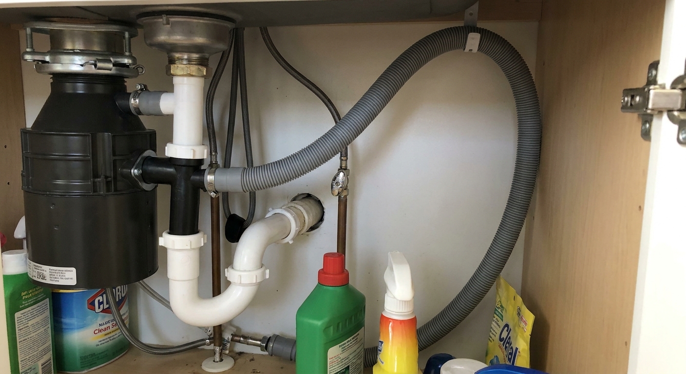 Under a kitchen sink showing a dishwasher drain hose routed upward in a high loop and then down to the sink drain connection