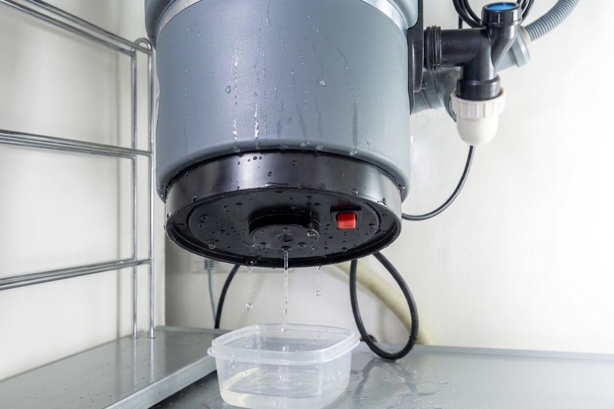 Under-sink photo showing water dripping from the bottom edge of a garbage disposal into a small container