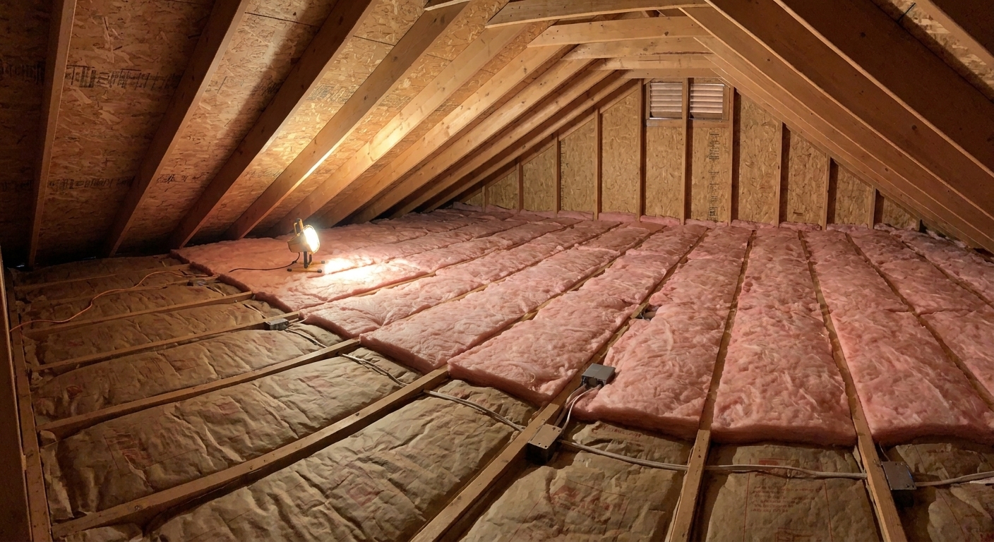 Unfaced fiberglass batt insulation laid perpendicular over existing attic insulation, with batts cut neatly around wiring and kept back from the eave area