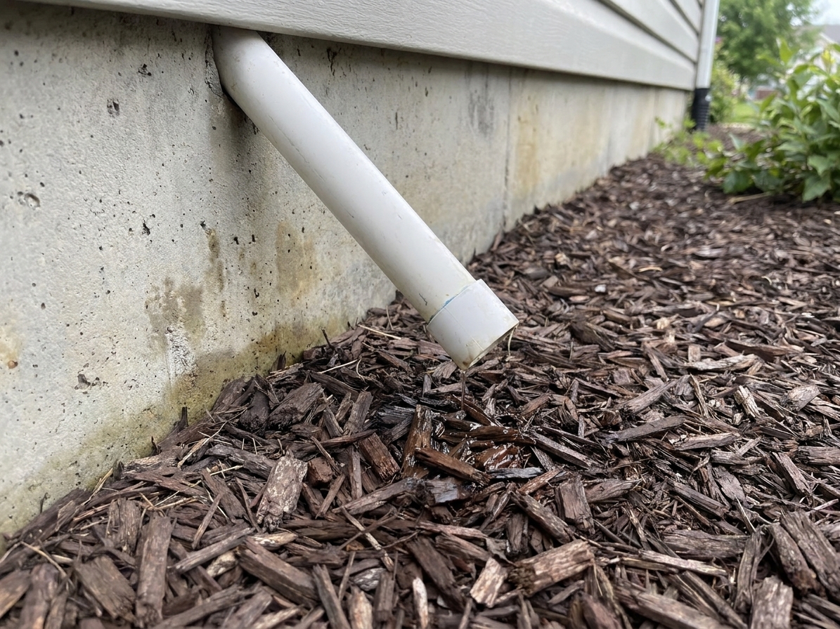 White PVC condensate drain outlet terminating near a house foundation above mulch